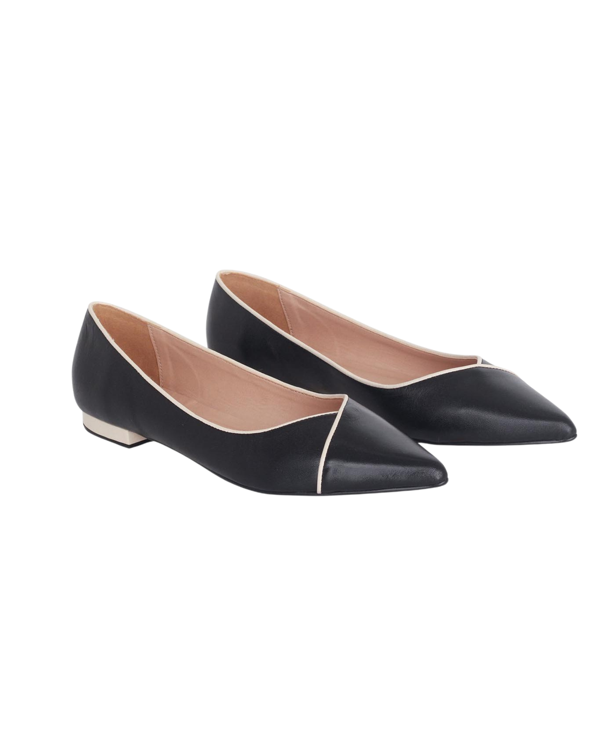 Mangara Atelier Ariri Ballerinas aus schwarzem Leder mit spitzer Zehenpartie und elfenbeinfarbenen Paspeln – Seitenansicht – SKU 103NVPR