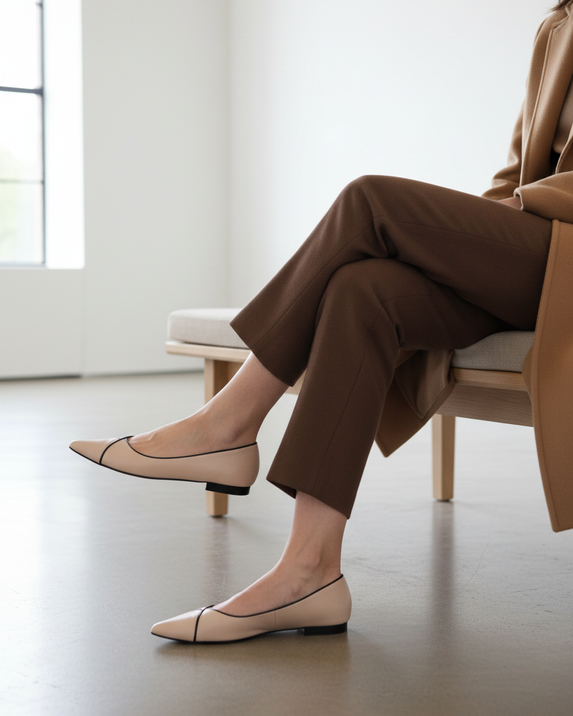 Frau trägt Mangara Atelier Ariri Komfort-Ballerinas aus beigem Leder mit spitzer Zehenpartie – SKU 103NVVA