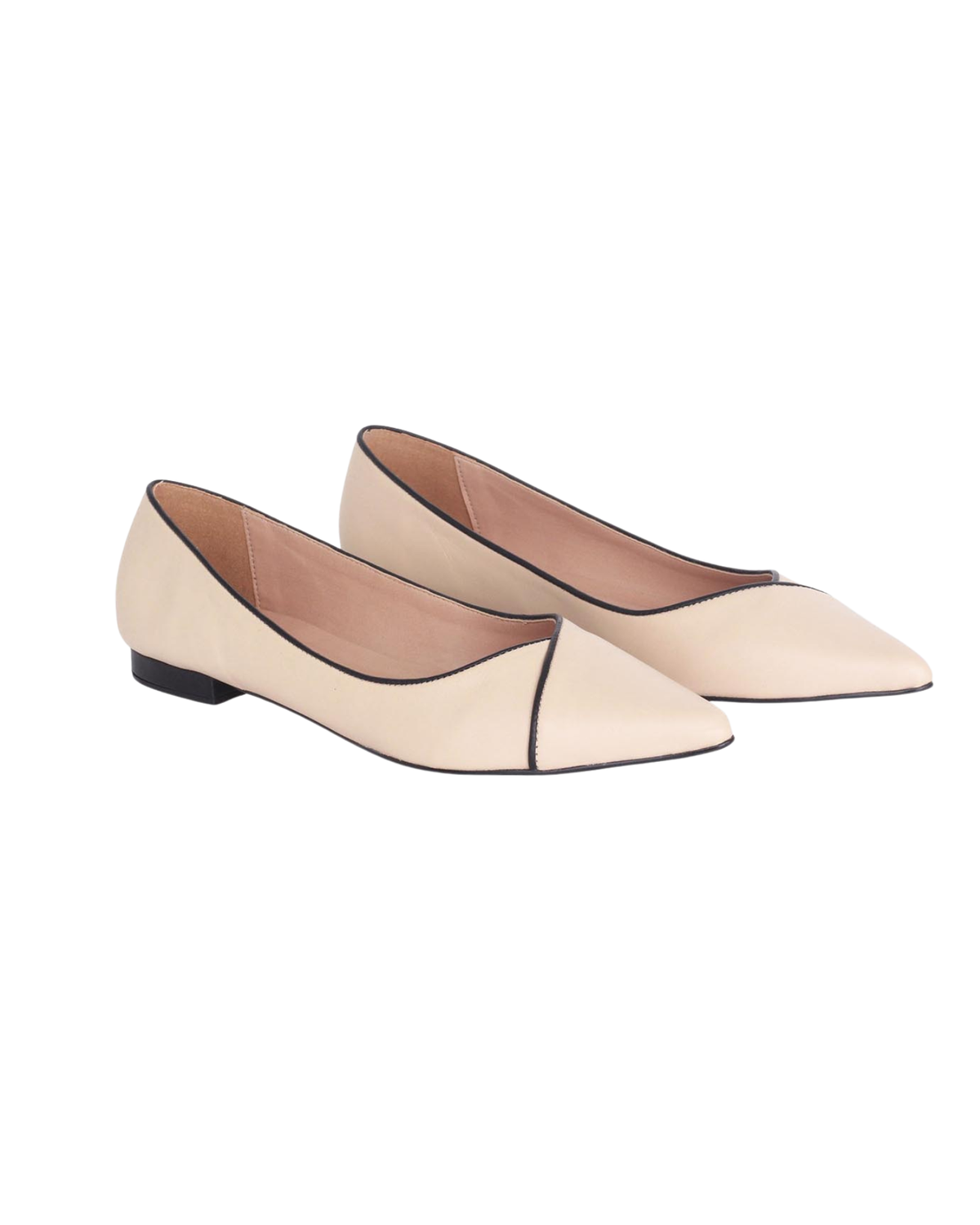 Mangara Atelier Ariri Ballerinas aus beigem Leder mit spitzer Zehenpartie und schwarzer Paspelierung – Seitenansicht – SKU 103NVVA