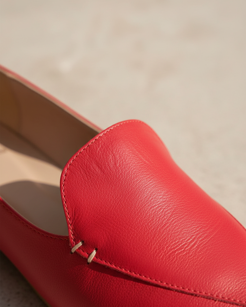 Nahaufnahme eines handgenähten Details auf roten Butiá-Lederballerinas