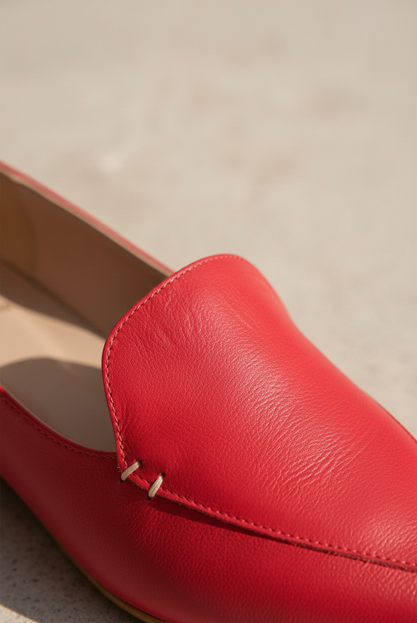 Close-up of hand-stitched detail on Butiá red leather ballerinas