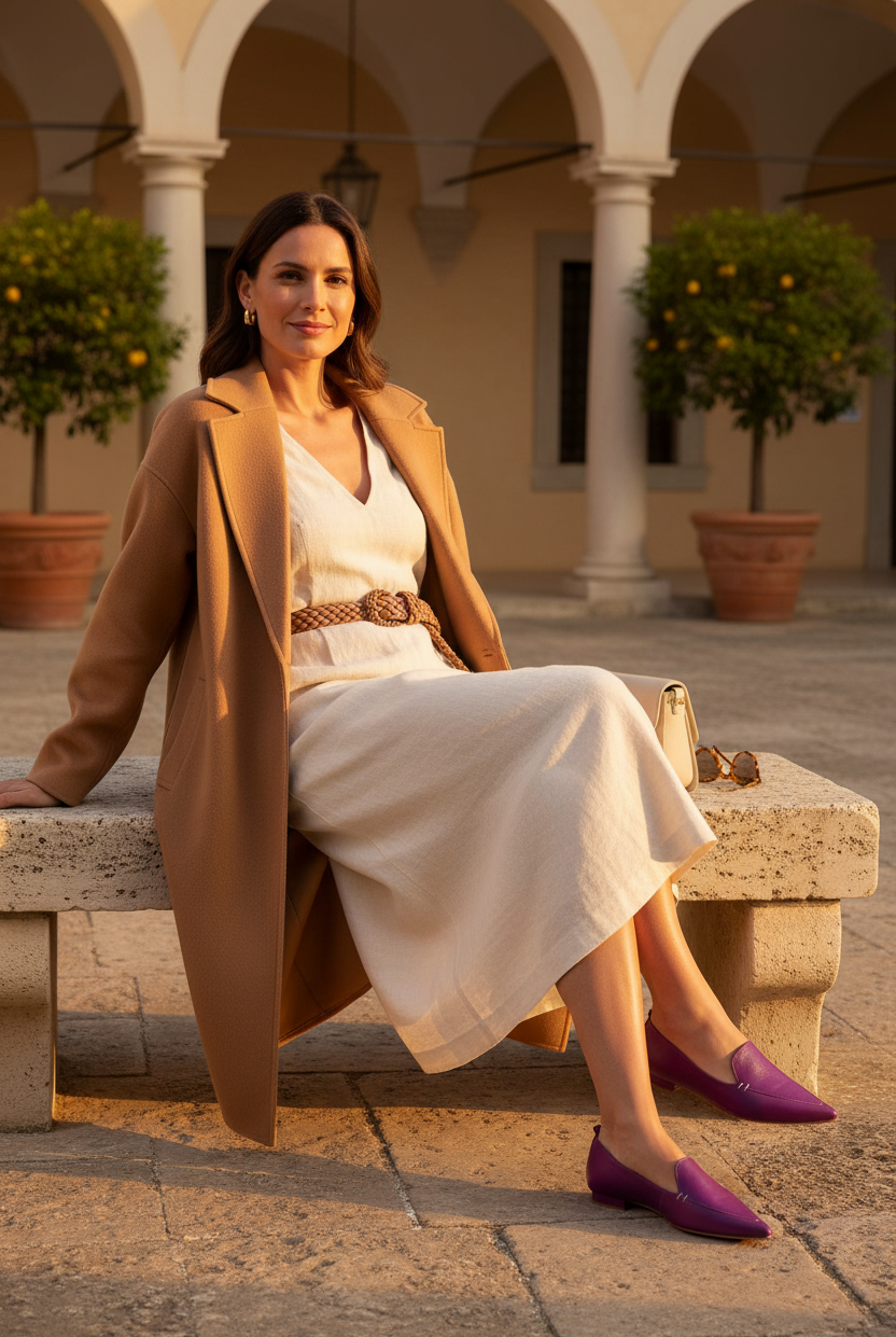 Woman wearing Butiá purple pointed-toe leather ballerinas, seated in an Italian courtyard