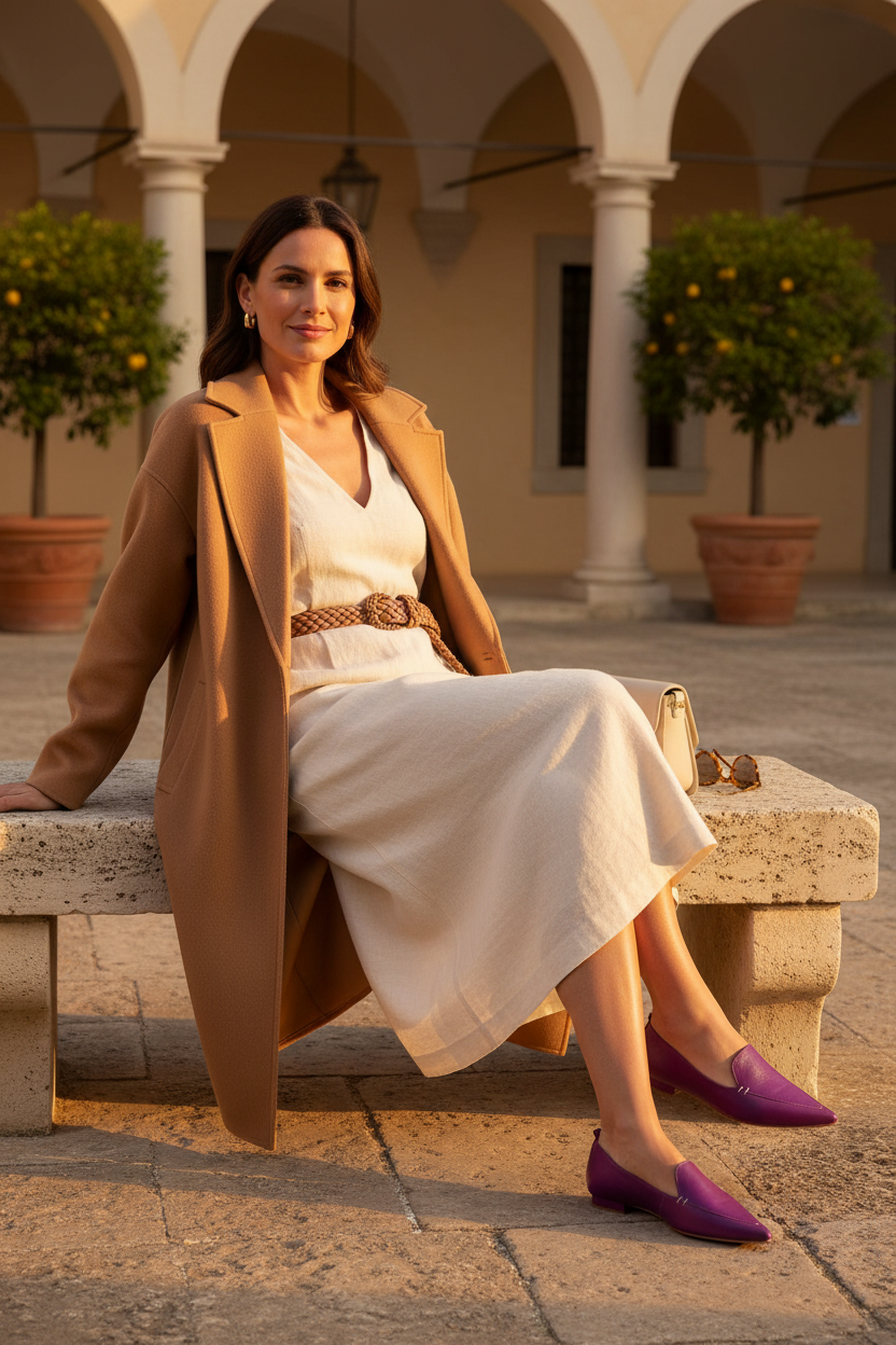 Woman wearing Butiá purple pointed-toe leather ballerinas, seated in an Italian courtyard