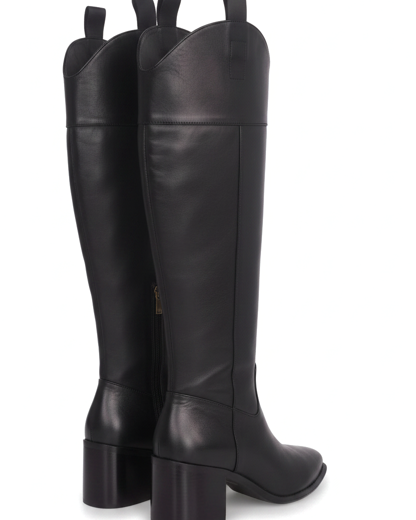 Canna black calf leather knee-high riding boots back view showing the gold side zip and block heel