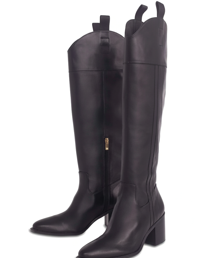 Canna black calf leather knee-high riding boots front view showing curved topline and pull tabs