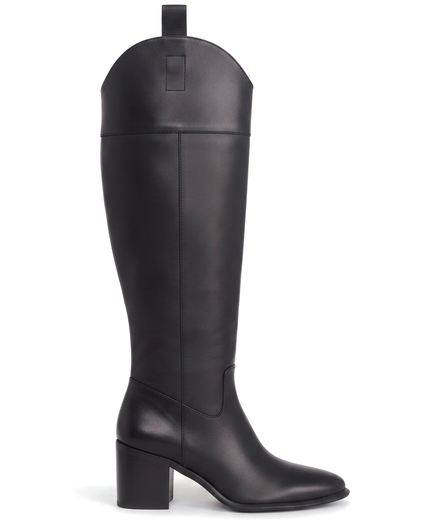 Canna black calf leather knee-high riding boots side view with 6.5cm block heel
