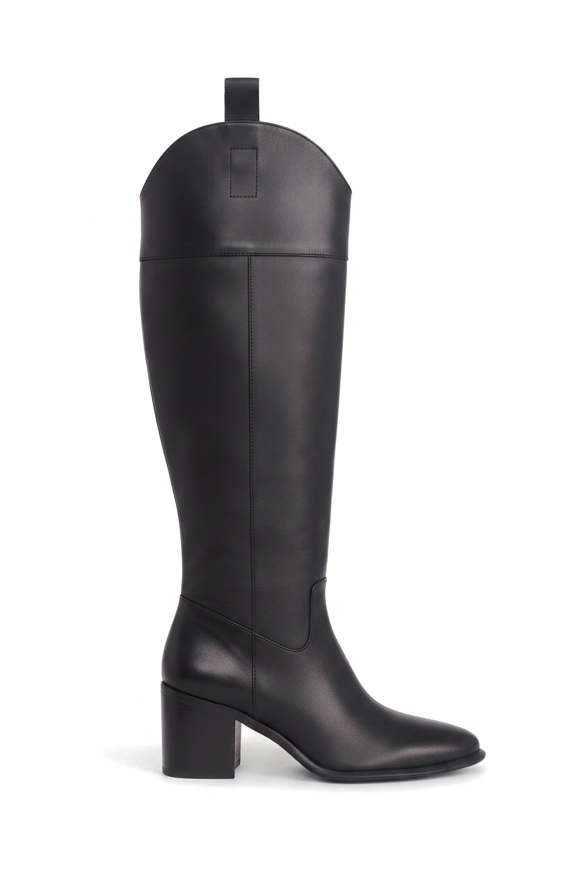 Canna black calf leather knee-high riding boots side view with 6.5cm block heel