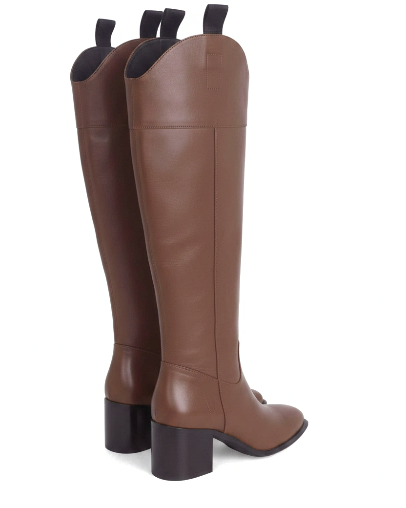 Canna brown knee-high riding boots back view showing the dark block heel and curved topline