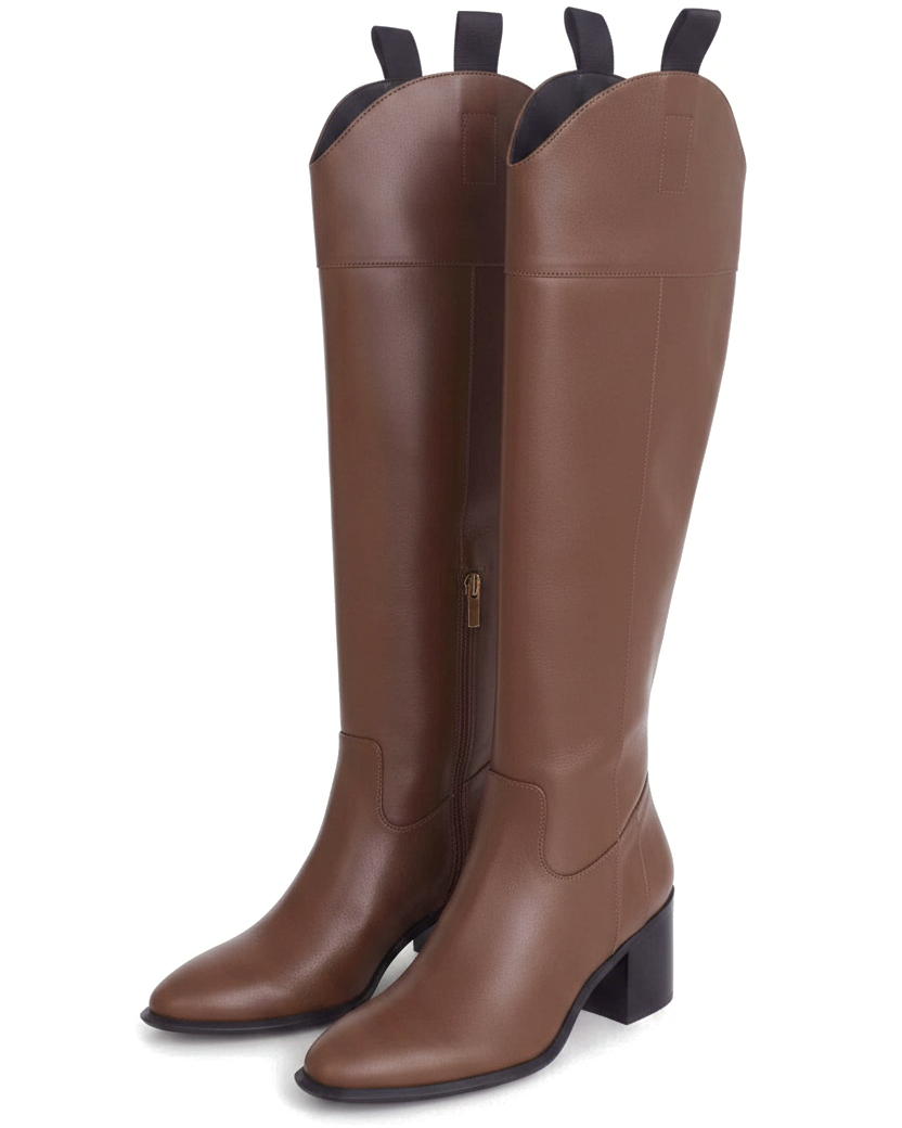 Canna brown knee-high riding boots front view showing black pull tabs and gold side zip