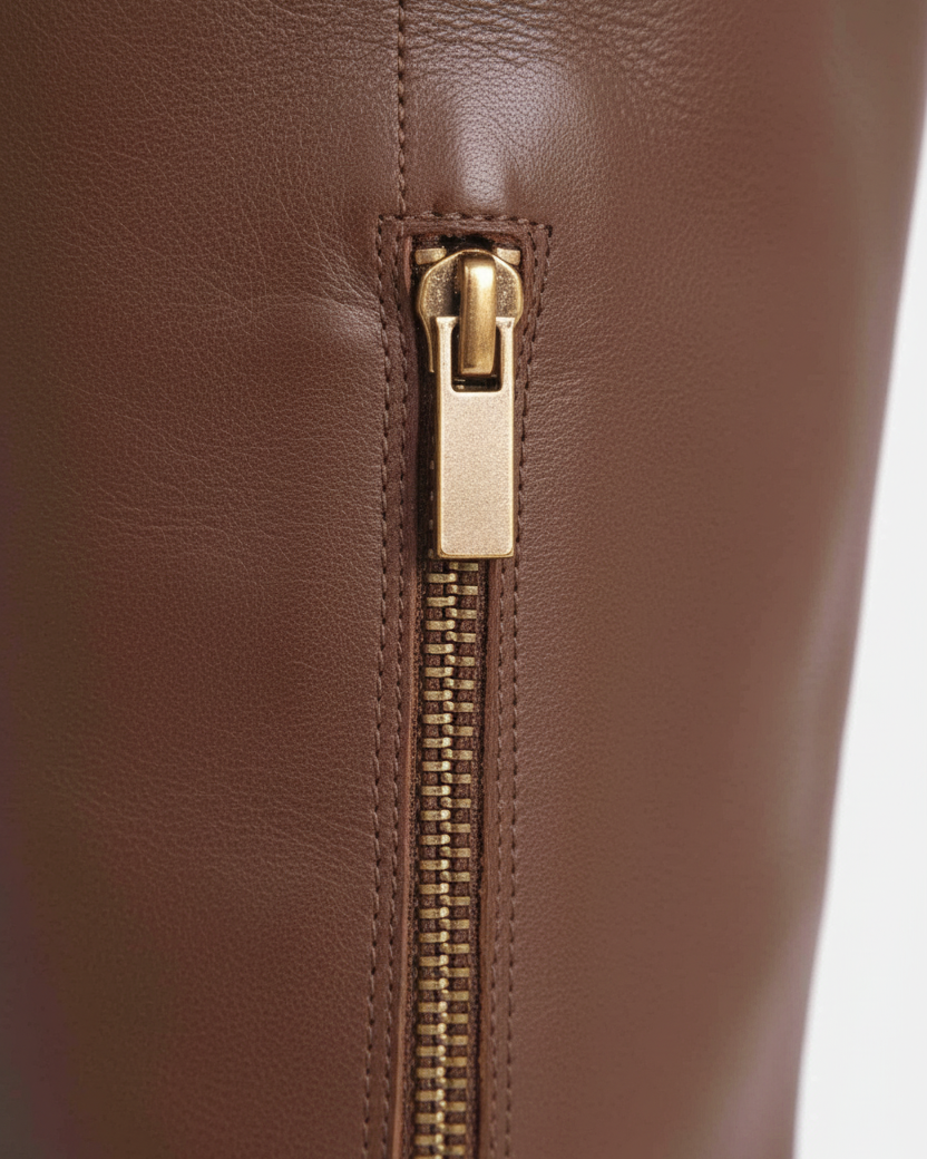 Close up detail of the antique gold side zip on the Canna brown leather riding boots