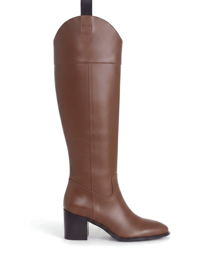 Canna brown calf leather knee-high riding boots side view with 6.5cm block heel