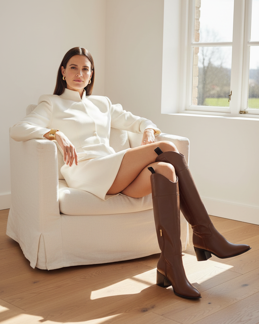 Canna brown leather knee-high riding boots styled with an ivory structured wool dress in a bright country house interior