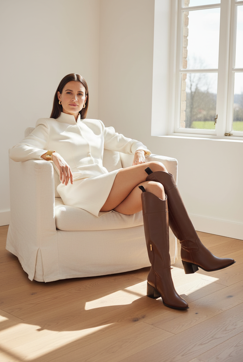 Canna brown leather knee-high riding boots styled with an ivory structured wool dress in a bright country house interior