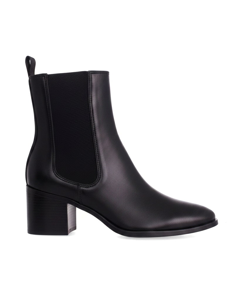 Canna black leather Chelsea ankle boots side view with elastic gore and 6.5cm block heel