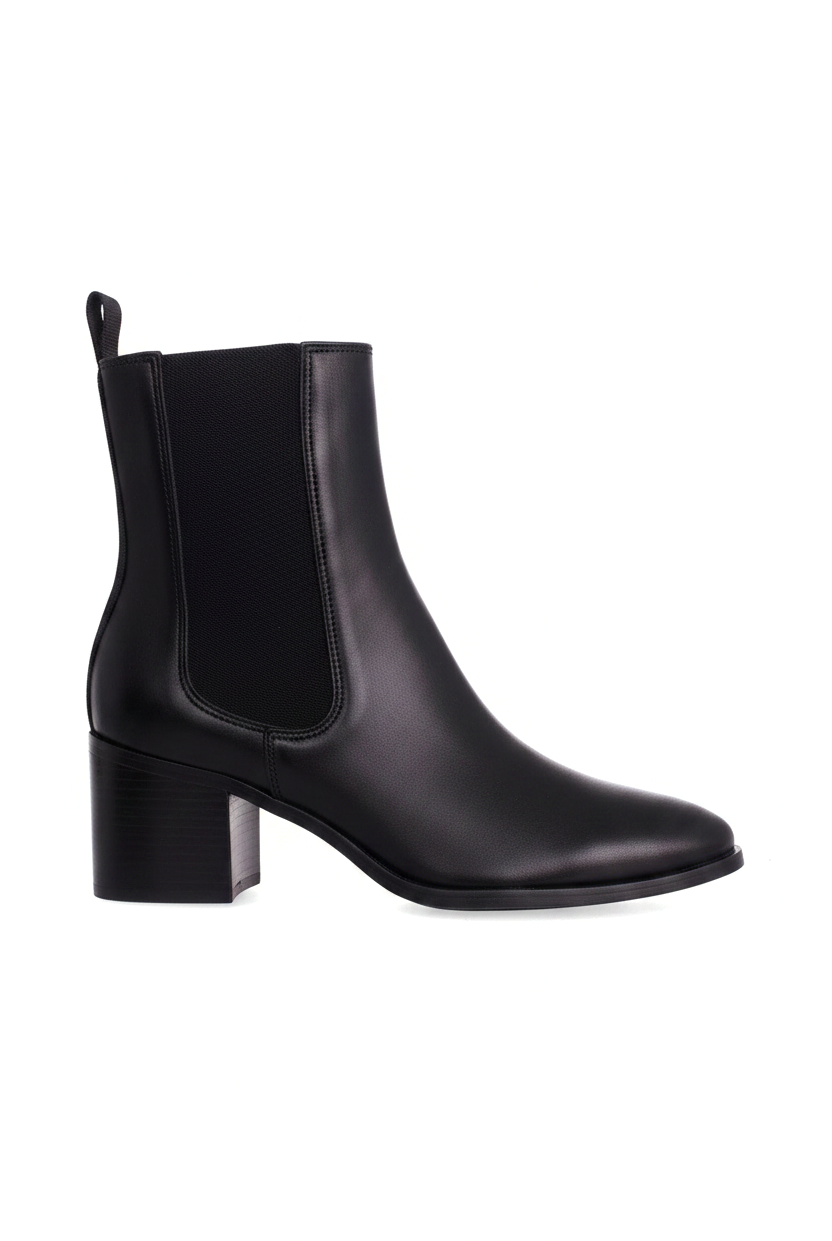 Canna black leather Chelsea ankle boots side view with elastic gore and 6.5cm block heel