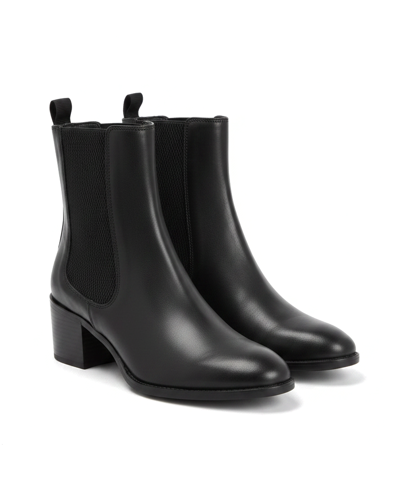 Canna black leather Chelsea ankle boots three quarter view showing the almond toe