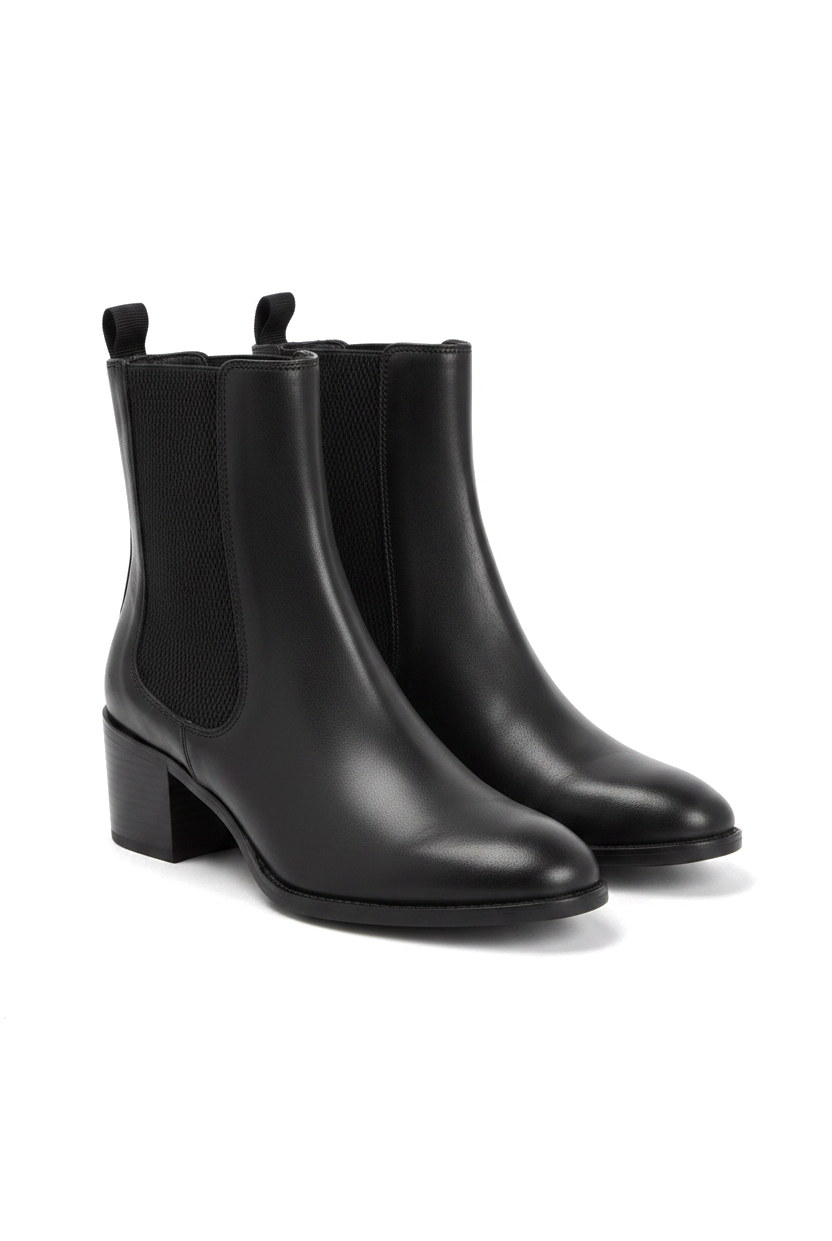 Canna black leather Chelsea ankle boots three quarter view showing the almond toe