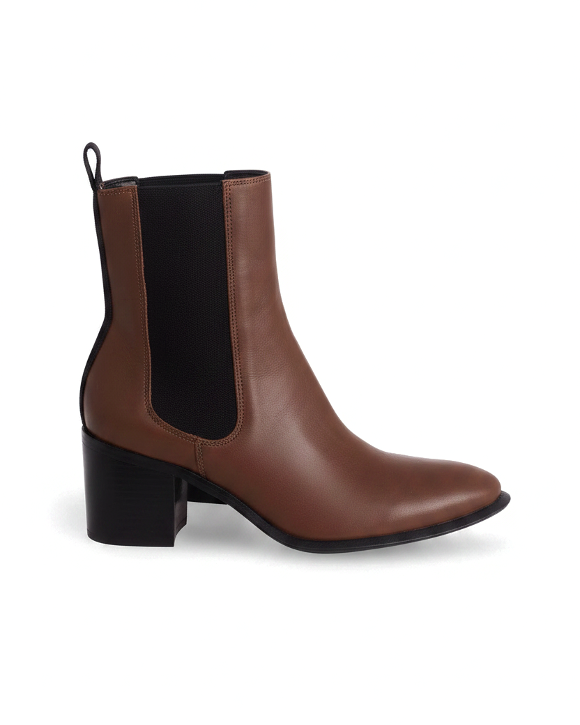 Canna brown leather Chelsea ankle boots side view with black elastic gore and 6.5cm block heel