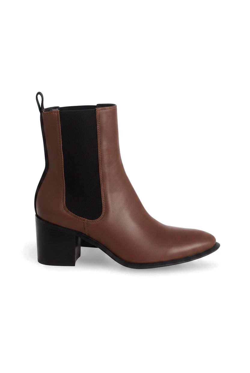 Canna brown leather Chelsea ankle boots side view with black elastic gore and 6.5cm block heel
