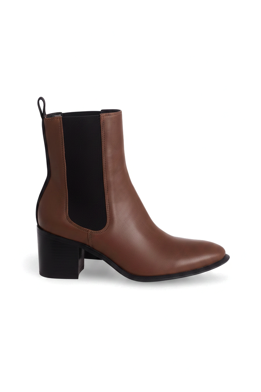 Canna brown leather Chelsea ankle boots side view with black elastic gore and 6.5cm block heel