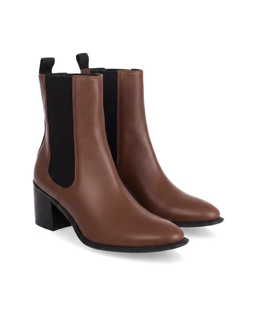 Canna brown leather Chelsea ankle boots three quarter view showing the almond toe