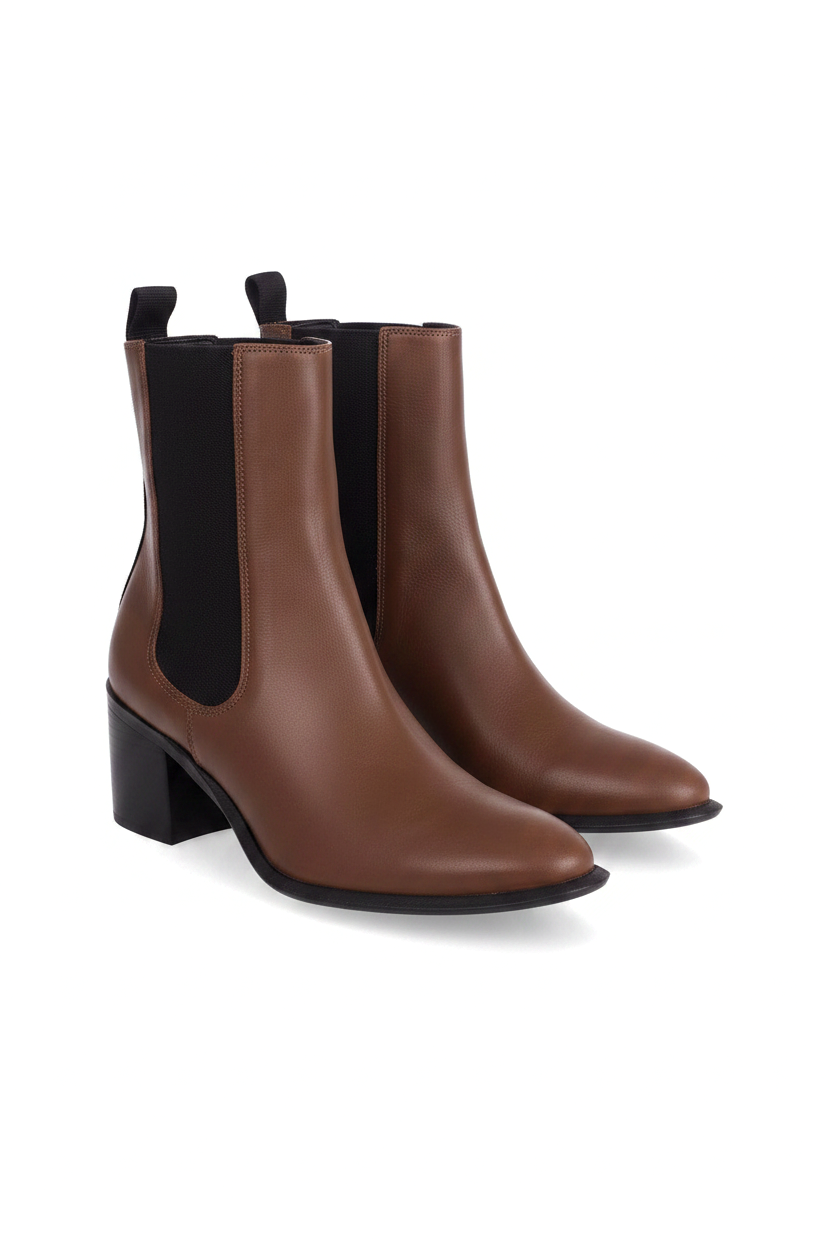 Canna brown leather Chelsea ankle boots three quarter view showing the almond toe
