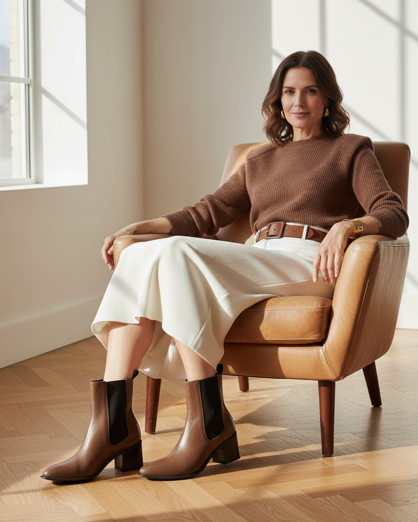 Canna brown leather Chelsea ankle boots styled with an ivory crepe skirt and chocolate cashmere in a sunlit winter interior