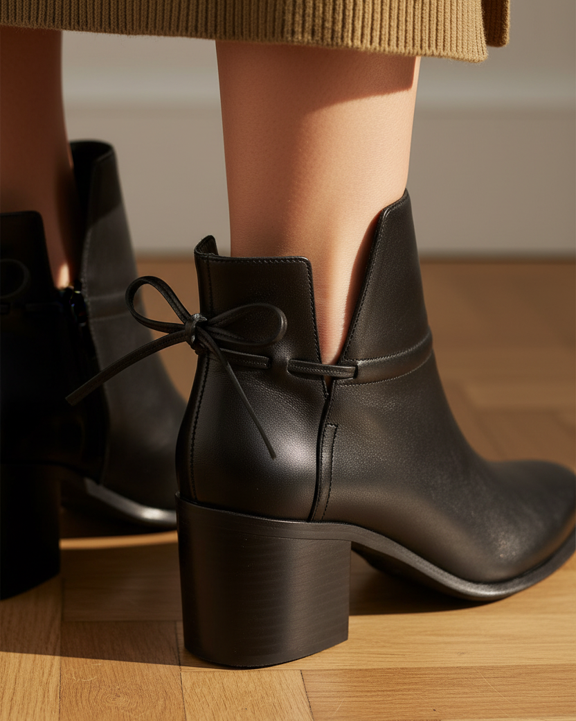 Close up detail of the tied leather bow at the back of the Attalea black ankle boots