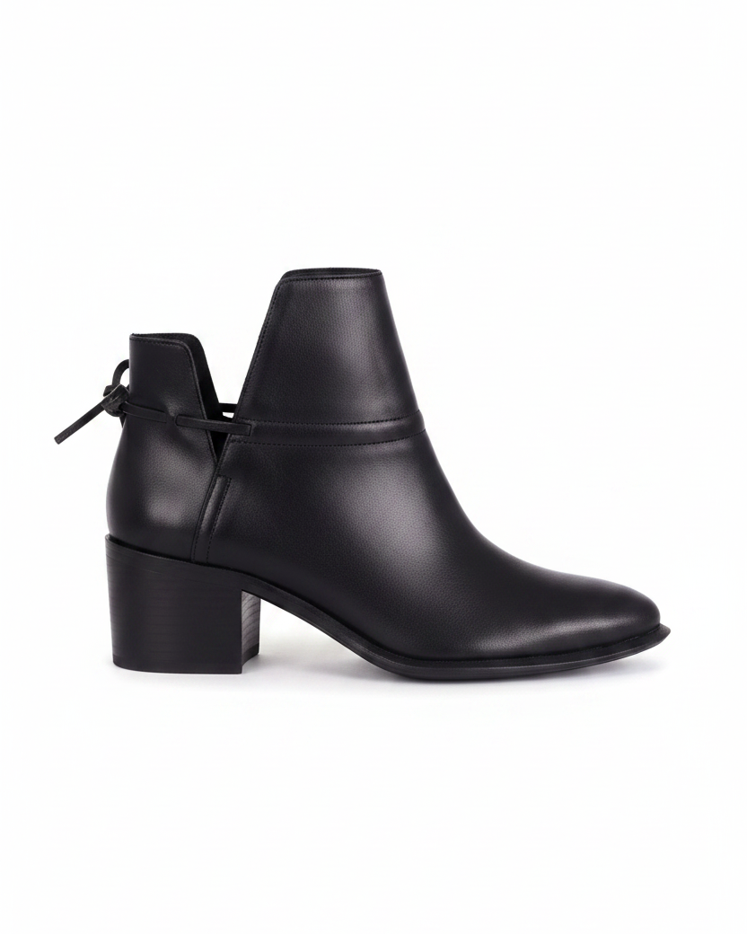 Attalea black leather ankle boots side view with ankle strap and 5cm block heel