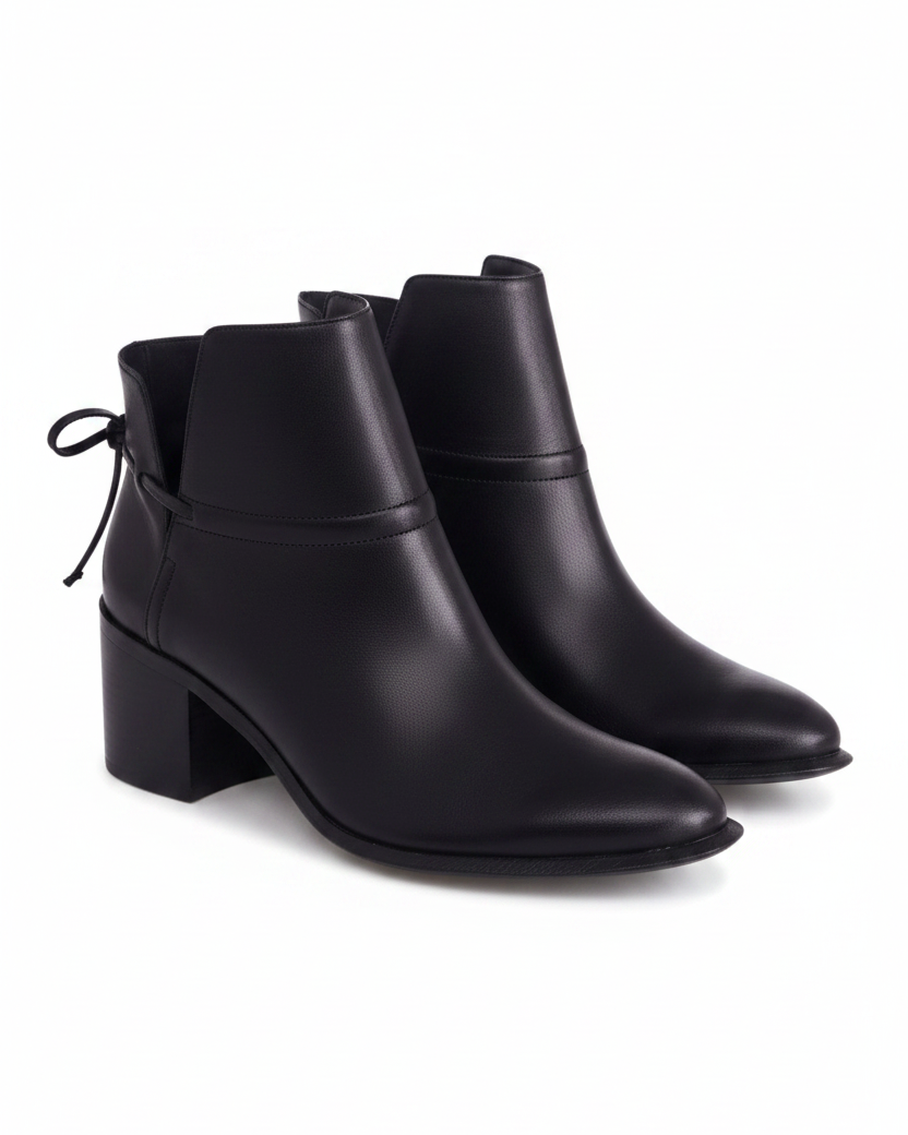 Attalea black leather ankle boots three quarter view showing almond toe and leather ankle band