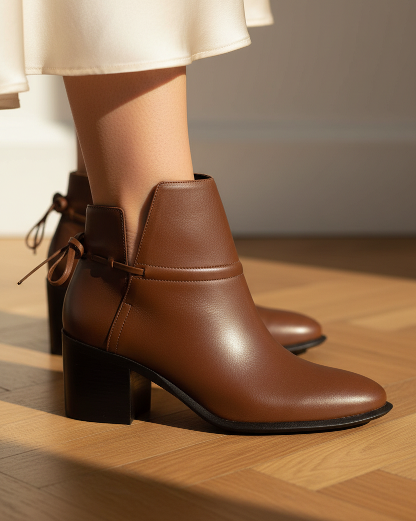 Close-up detail of Attalea brown leather ankle boots showing the hand-tied leather bow, ankle strap stitching and black stacked heel