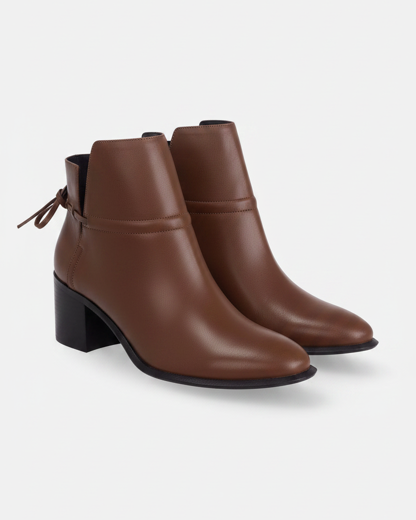 Attalea brown leather ankle boots three quarter view showing the pair, ankle strap and almond toe