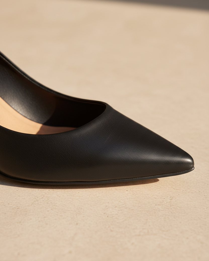 Close-up of Tenate black leather pump rounded topline and leather texture