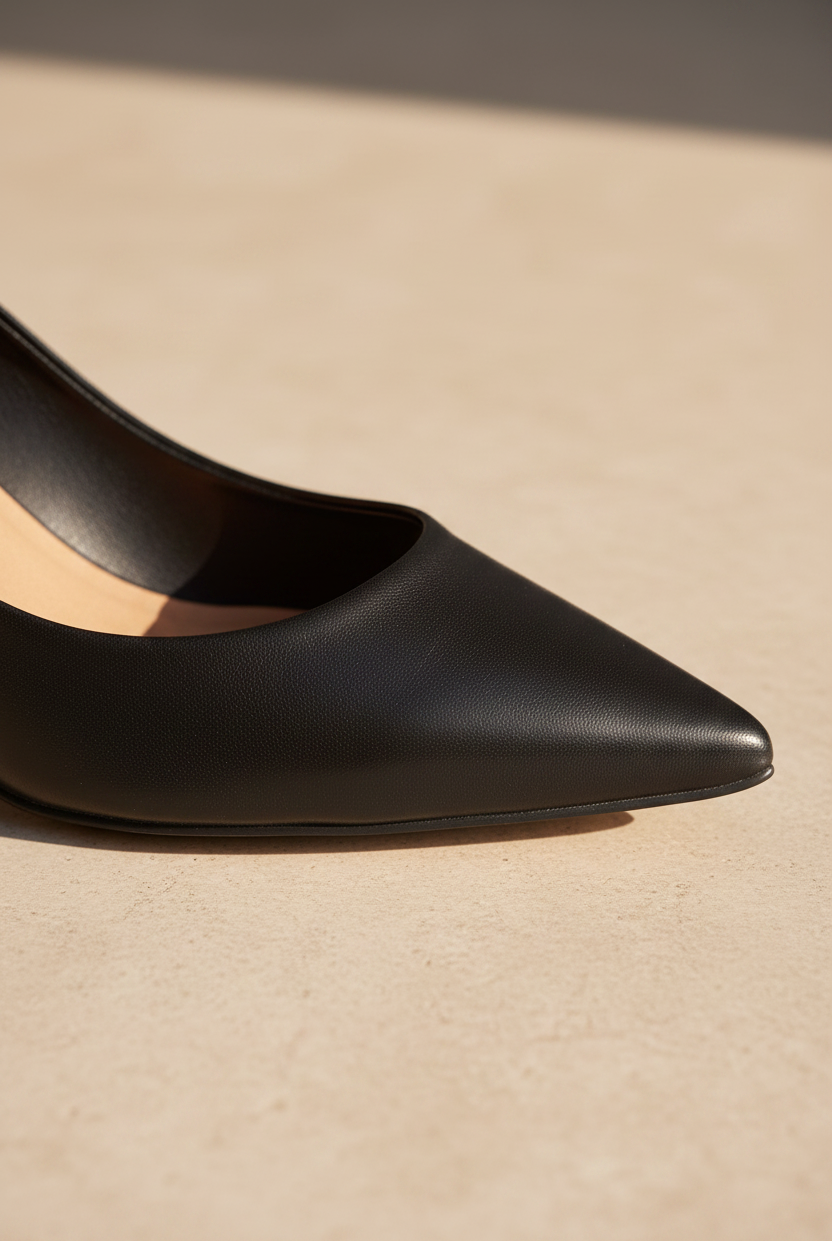 Close-up of Tenate black leather pump rounded topline and leather texture