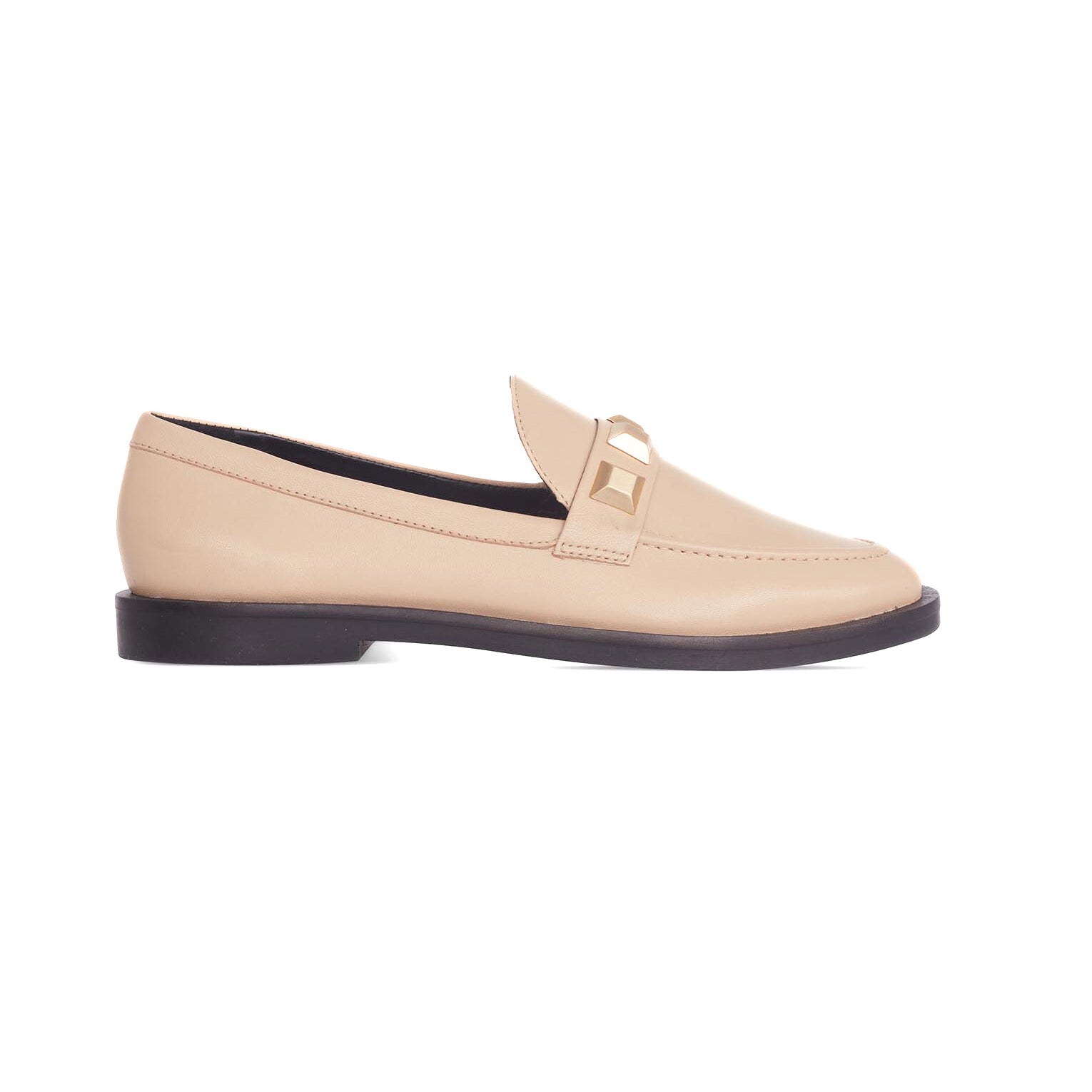 Beige Calf Leather Loafers – Elegant Women’s Flat Shoes with Metal Stud Detail