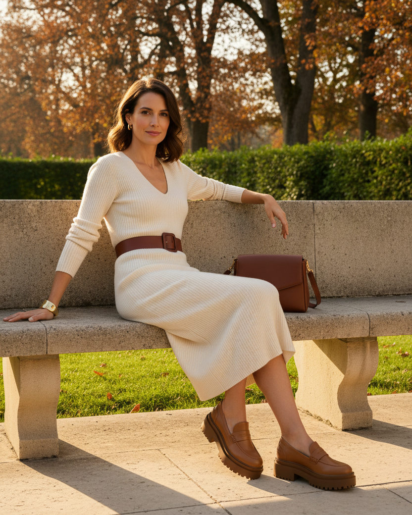 Frau trägt klobige Plateau-Loafer aus karamellfarbenem Leder von Mangara Atelier Carvalho – SKU 222A0342