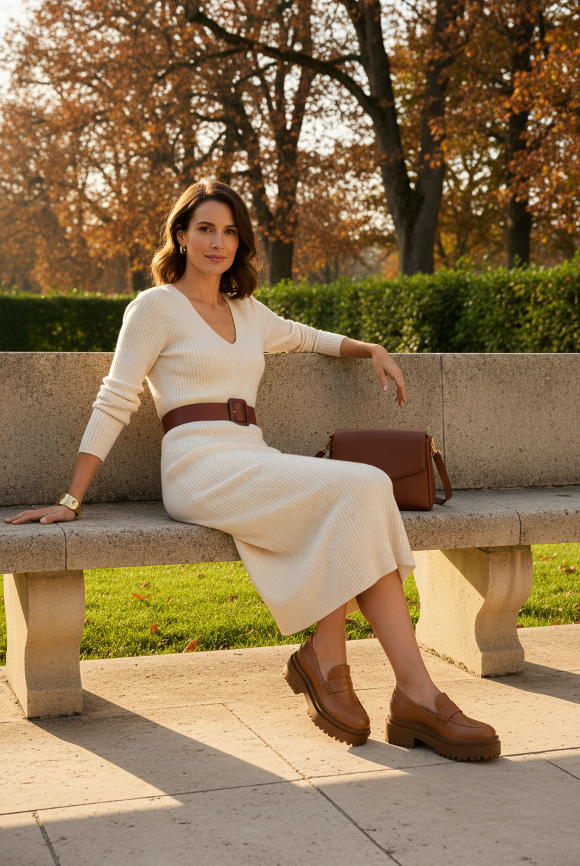 Woman wearing Mangara Atelier Carvalho Caramel Leather Chunky Platform Loafers - SKU 222A0342