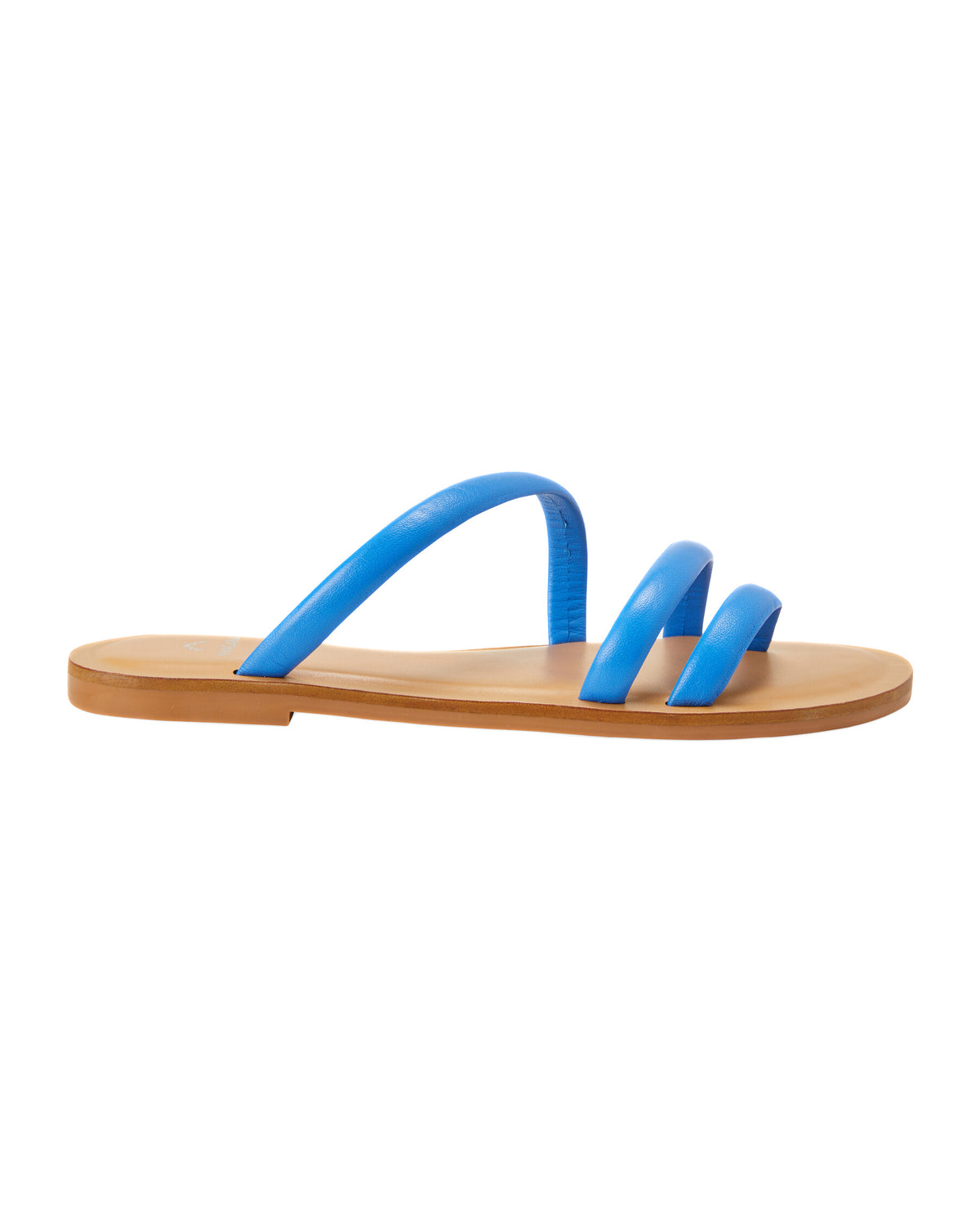 Mangara Atelier Cacau blaue flache Slide-Sandalen aus Kalbsleder mit drei Riemen – Vorderansicht – SKU 222A054637