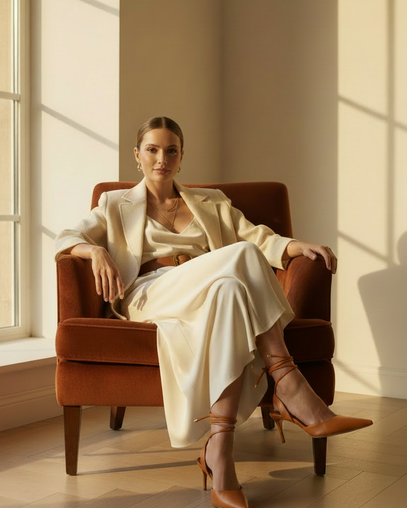 Woman wearing Mangará Jaborandi caramel leather slingback pointed-toe heels, seated lifestyle editorial photo