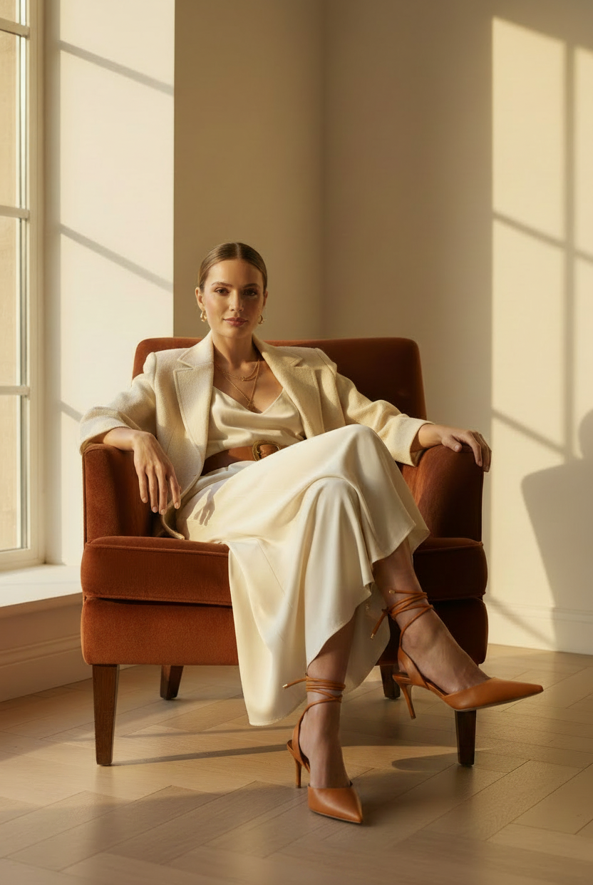 Woman wearing Mangará Jaborandi caramel leather slingback pointed-toe heels, seated lifestyle editorial photo