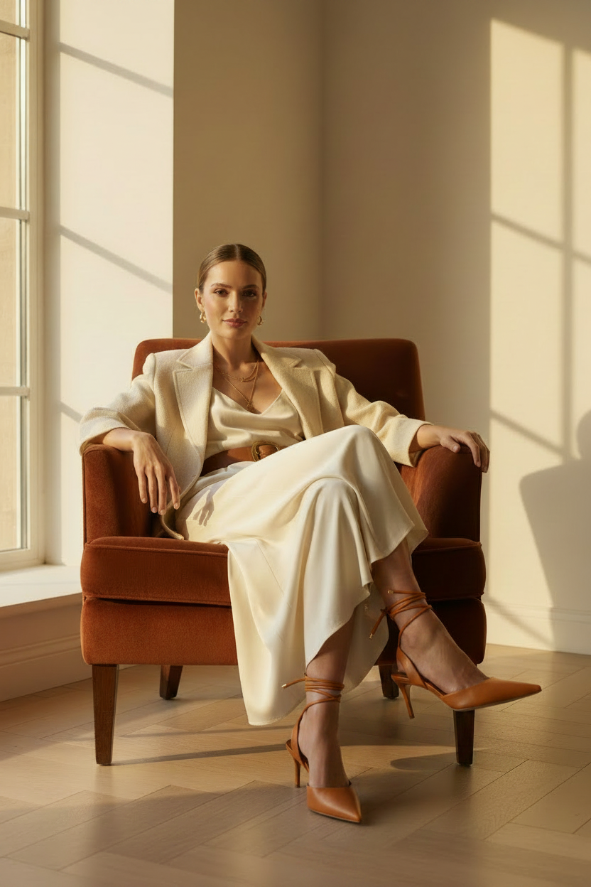 Woman wearing Mangará Jaborandi caramel leather slingback pointed-toe heels, seated lifestyle editorial photo