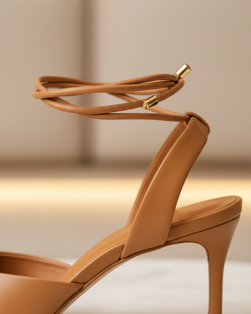Close-up of Mangará Jaborandi caramel leather slingback heel ankle tie strap detail with gold hardware