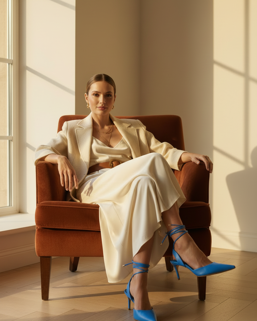 Woman wearing Mangará Jaborandi blue leather slingback pointed-toe heels, seated lifestyle editorial photo