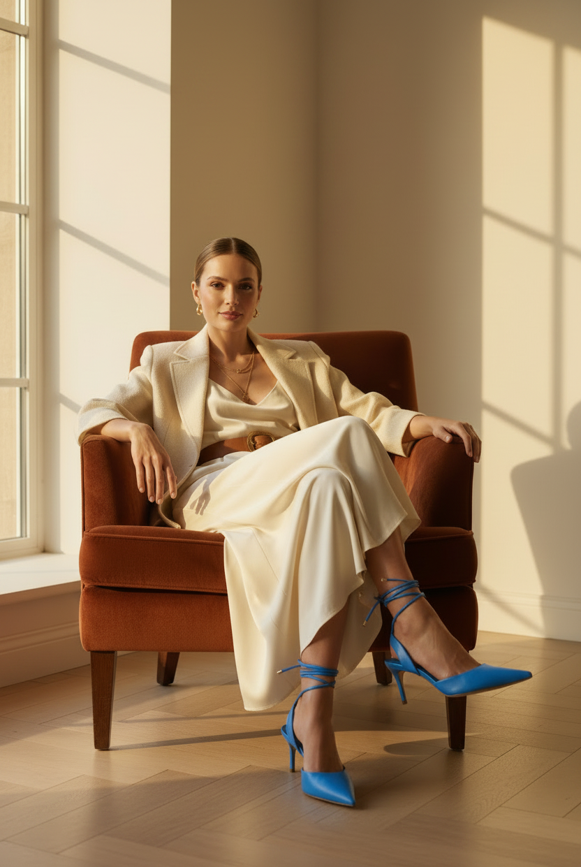 Woman wearing Mangará Jaborandi blue leather slingback pointed-toe heels, seated lifestyle editorial photo