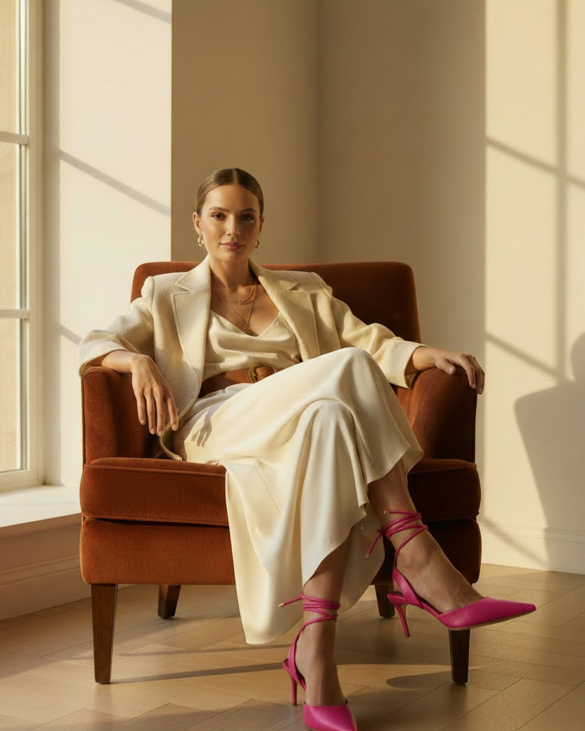 Woman wearing Mangará Jaborandi pink leather slingback pointed-toe heels, seated lifestyle editorial photo