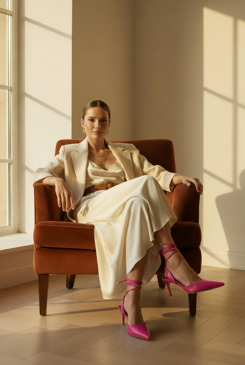 Woman wearing Mangará Jaborandi pink leather slingback pointed-toe heels, seated lifestyle editorial photo