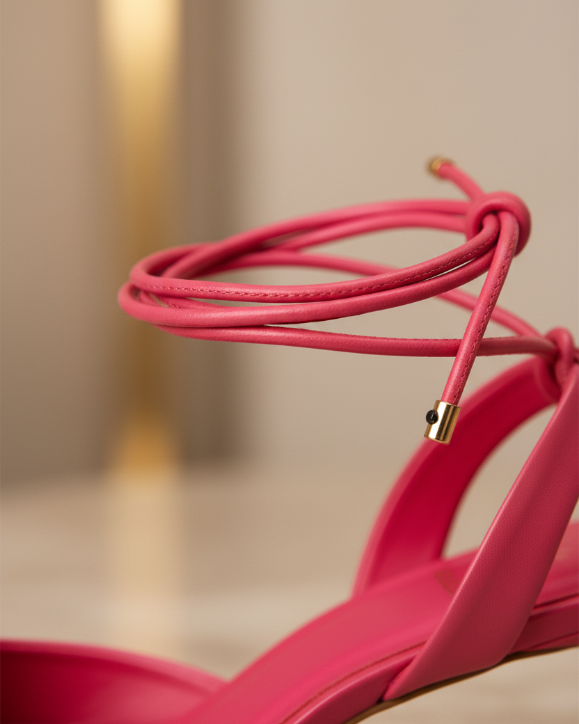Close-up of Mangará Jaborandi pink leather slingback heel ankle tie strap detail with gold hardware