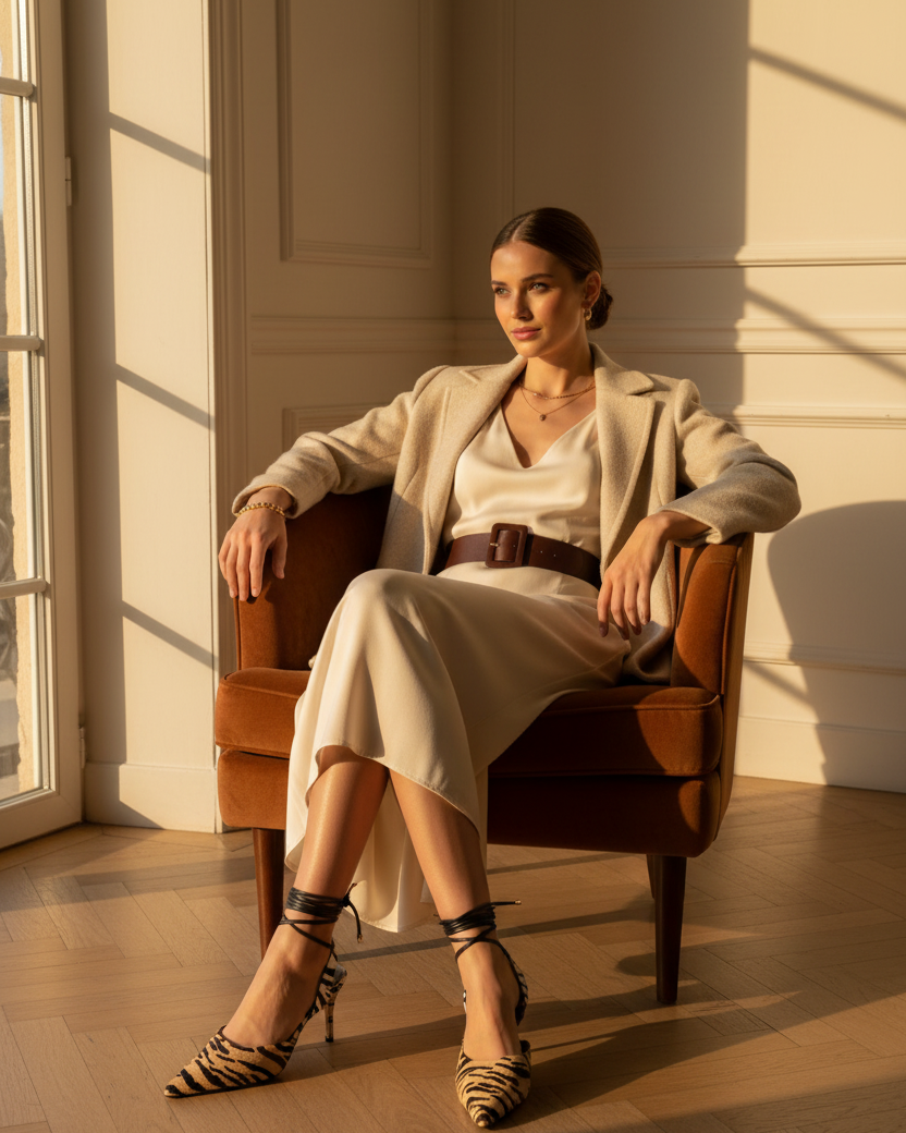 Woman wearing Mangará Jaborandi animal print calf leather strappy heels, seated lifestyle editorial photo
