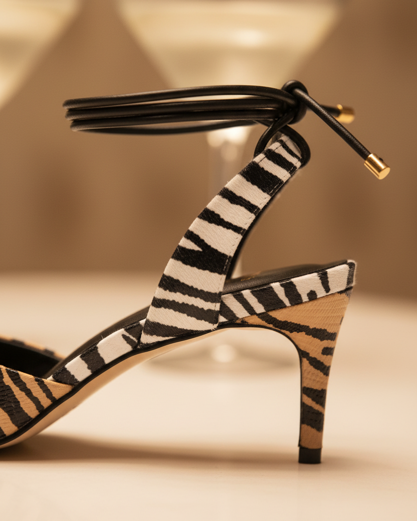 Close-up of Mangará Jaborandi animal print heel showing tiger and zebra print leather detail