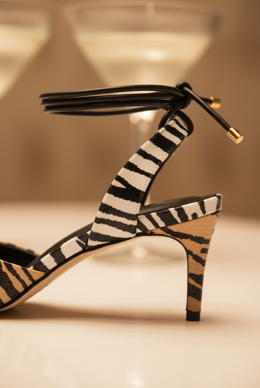 Close-up of Mangará Jaborandi animal print heel showing tiger and zebra print leather detail